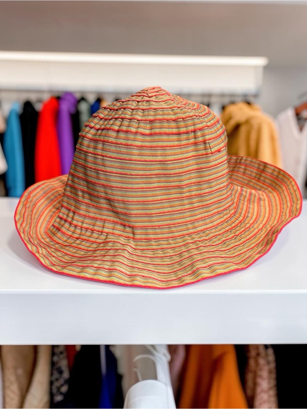 100% Cotton Made in Italy Striped Sun Hat in Yellow, Green, Orange, and Pink - Picture 3 of 5